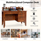 Computer Desk With 4 Storage Drawers And Hutch, 48in x 22in x 36.5in - Rustic Brown