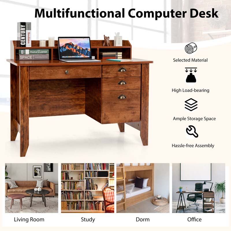 Computer Desk With 4 Storage Drawers And Hutch, 48in x 22in x 36.5in - Rustic Brown