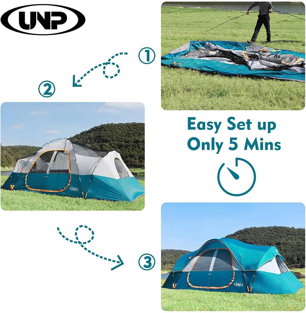 unp 10-Person Camping Tent, 18ft x 9ft x 78in, 2 Rooms, 5 Mesh Windows