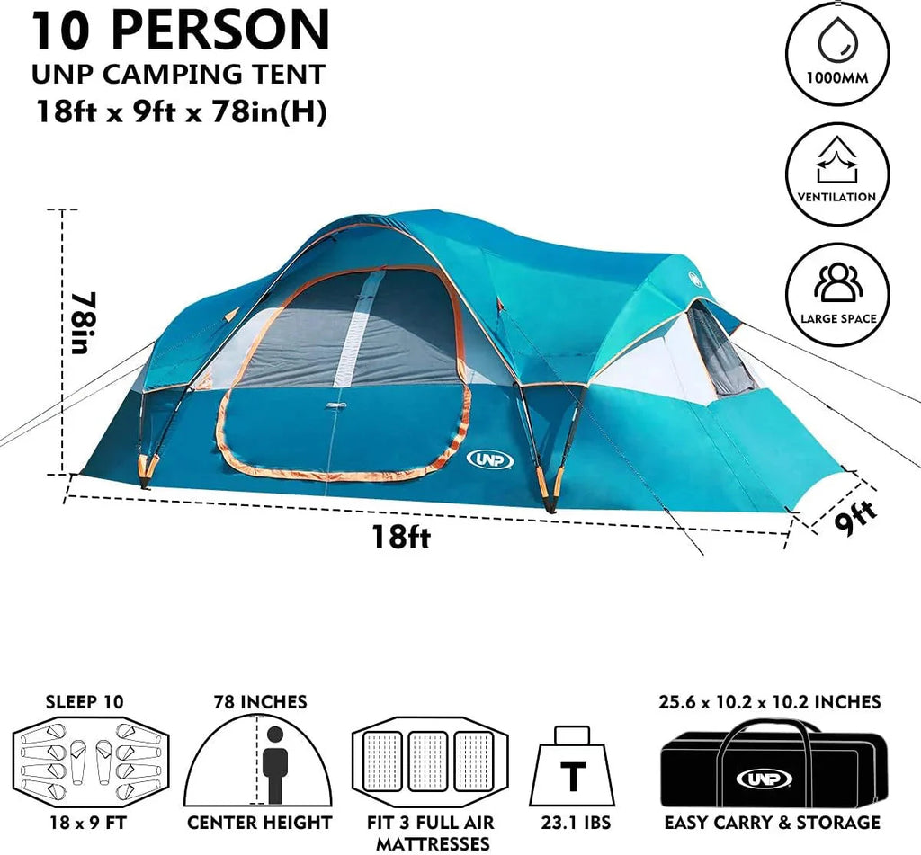 unp 10-Person Camping Tent, 18ft x 9ft x 78in, 2 Rooms, 5 Mesh Windows