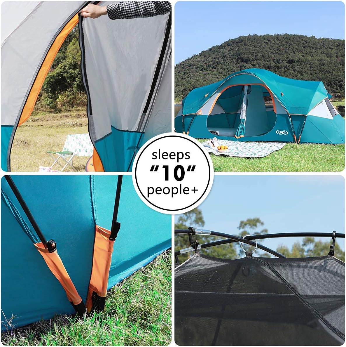 unp 10-Person Camping Tent, 18ft x 9ft x 78in, 2 Rooms, 5 Mesh Windows