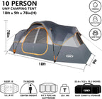 unp 10-Person Camping Tent, 18ft x 9ft x 78in, 2 Rooms, 5 Mesh Windows