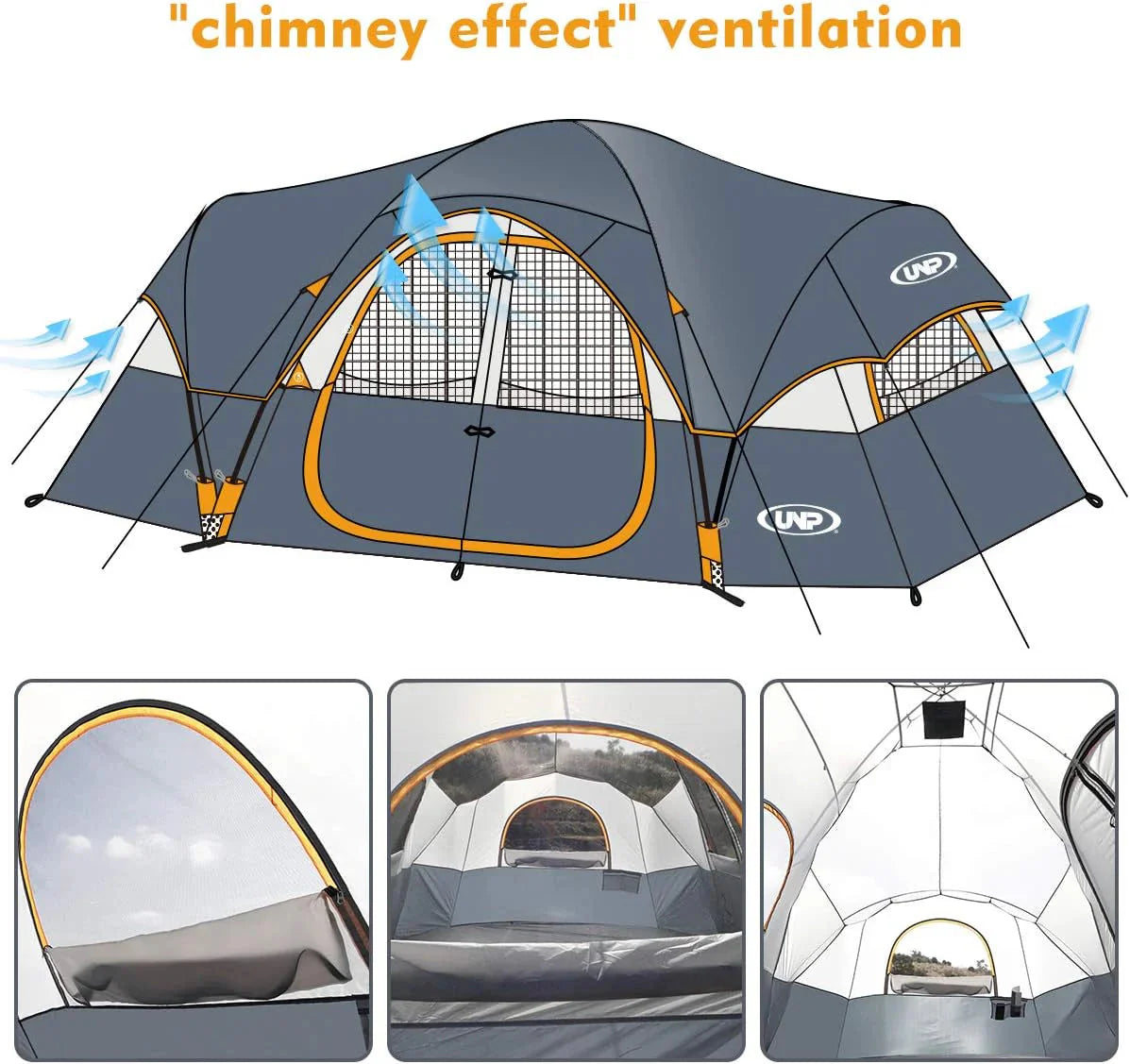 unp 10-Person Camping Tent, 18ft x 9ft x 78in, 2 Rooms, 5 Mesh Windows