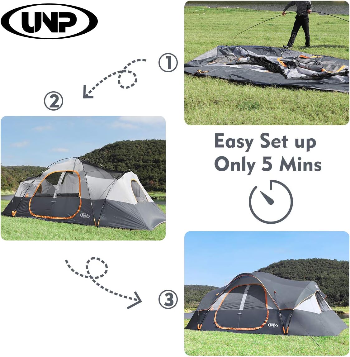 unp 10-Person Camping Tent, 18ft x 9ft x 78in, 2 Rooms, 5 Mesh Windows