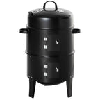 Outsunny 3-in-1 16in Round Charcoal BBQ Smoker Grill With 2 Cooking Areas And Thermometer - Black