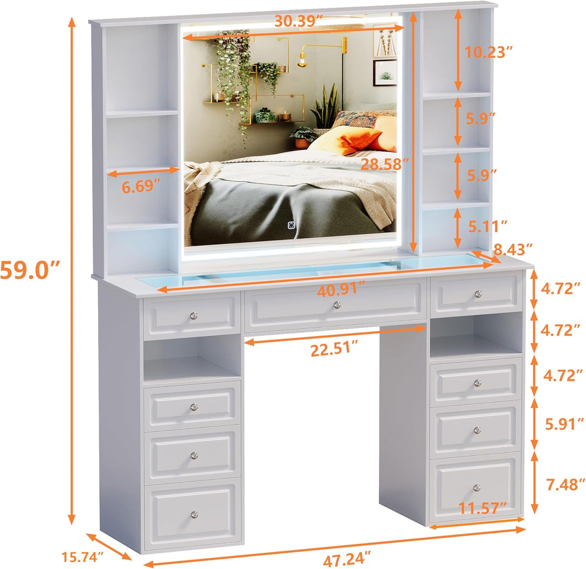 Vanity Desk With Mirror And Lights, Glass Top, 9 Drawers, White