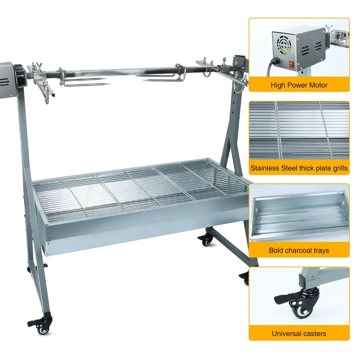 Rocita Charcoal Rotisserie Grill Roaster 132lbs, 38.5in x 18.1in, Stainless Steel, 25W Motor And Hand Crank