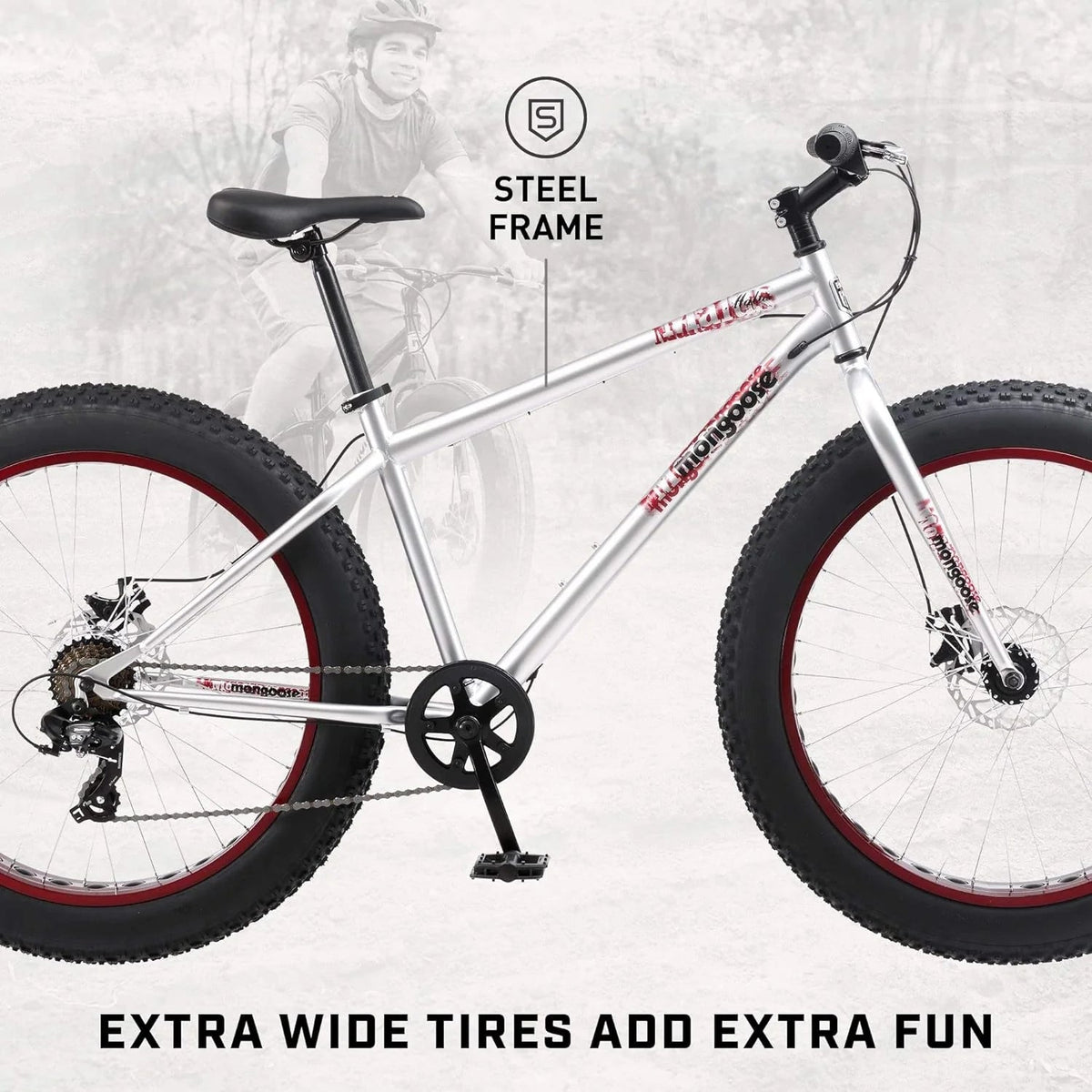 Mongoose Malus Adult Fat Tire Mountain Bike, 26-Inch Wheels, 4-Inch Tires, 7-Speed - R5714C