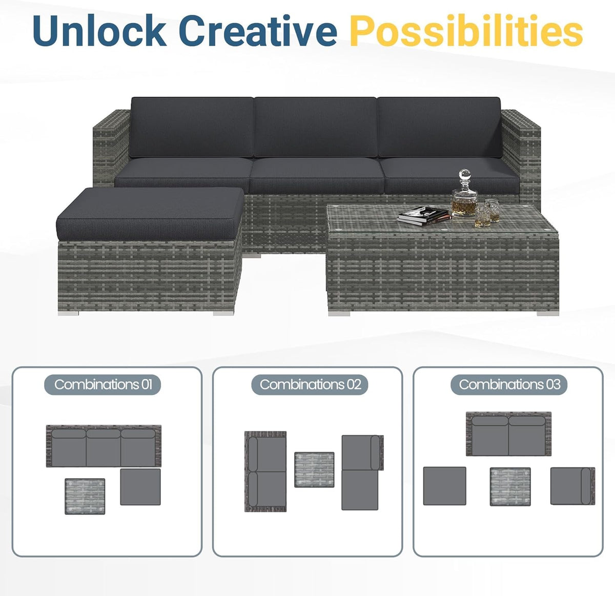 Wisteria Lane 5-Piece Outdoor Wicker Rattan Sectional Conversation Set With Cushions And Glass Coffee Table - Grey