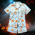 CUZIBR Girls Halloween Pajamas Sets Soft Comfortable Ghost Pumpkin Lapel Button Short Sleeve Shirt Elastic Waist Shorts 2 Pieces Sleep Loungewear Relaxed Sleepwear Outfits, Orange-C