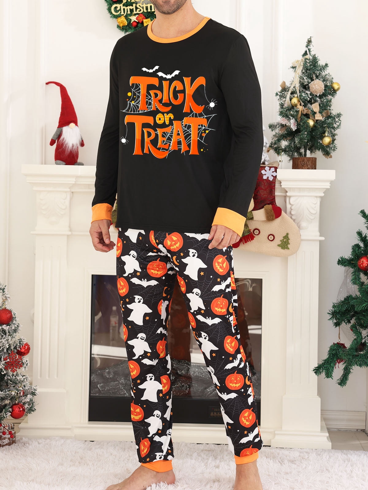 DAKIMOE Halloween Pajamas Family Matching Set Holiday Print Long Sleeve Jammies Loungewear PJs Set Sleepwear Adult Kids Men Women Toddler