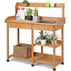 Veado Potting Bench With Sink, Drawer, Rack And Shelves, 45.2 x 17.7 x 47.6 in - Natural Wood
