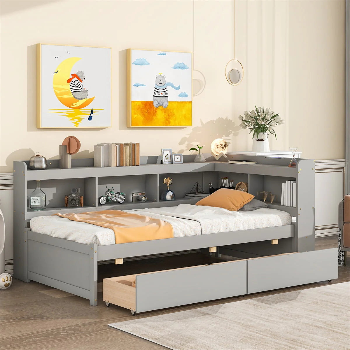 Twin Solid Wood Platform Daybed With L-Shaped Bookcases And 2 Drawers, Gray - 85.20 x 50.40 x 36.70 in