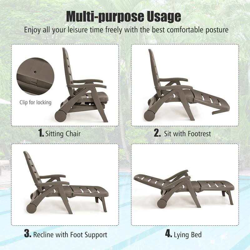 Rolling Folding Plastic Pool Lounge Chair With Armrests, 5 Position - Patio Deck Beach Chair