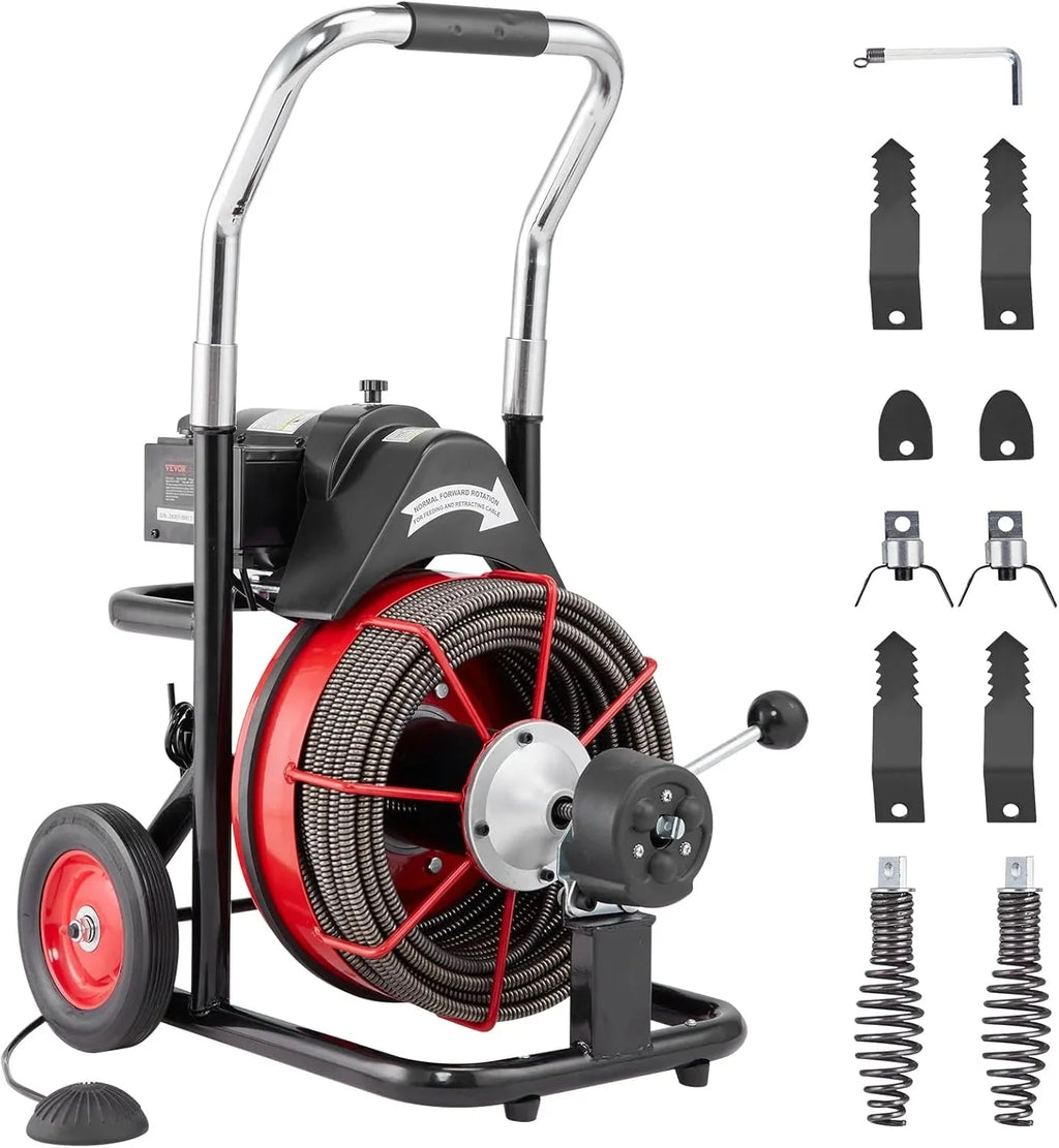 VEVOR Drain Cleaner Machine 100FT x 1/2 Inch, 550W, Red + Black - Drain Cleaner Machine 100 FT x 1/2 Inch