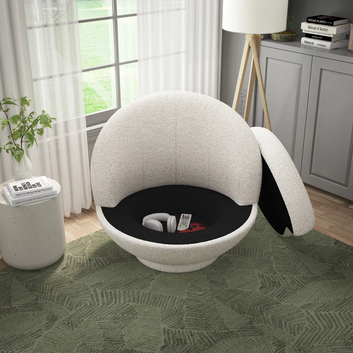 Hillsdale Boulder Upholstered Swivel Storage Chair, Ash White