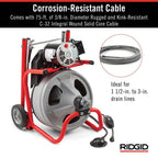 120V Drum Drain Cleaning Snake Auger With 3/8-In. X 75-Ft. Cable, 4-Piece Tool Set And Gloves