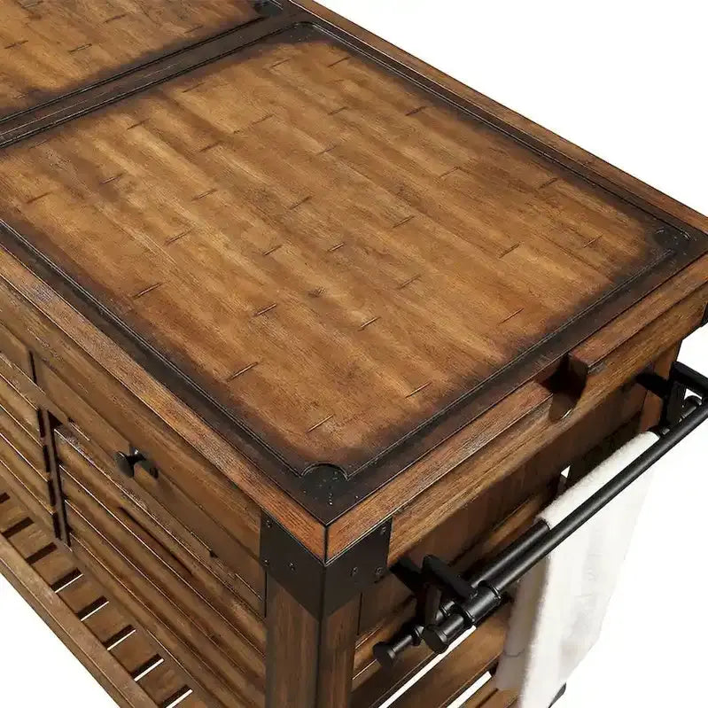 Kitchen Island Cart With 3 Drawers, Wood And Metal, Distressed Chestnut