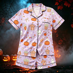CUZIBR Girls Halloween Pajamas Sets Soft Comfortable Ghost Pumpkin Lapel Button Short Sleeve Shirt Elastic Waist Shorts 2 Pieces Sleep Loungewear Relaxed Sleepwear Outfits, Orange-C