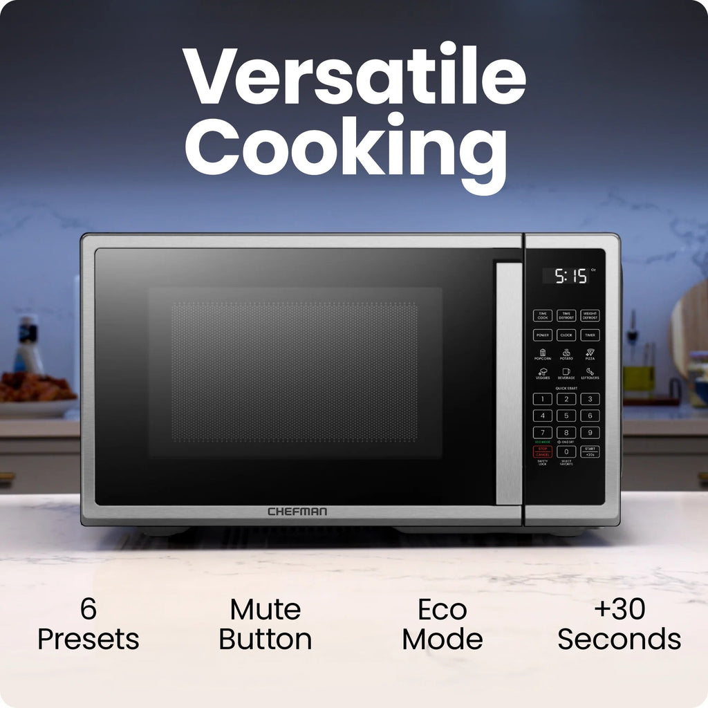 Chefman Countertop Microwave Oven, 0.9 Cu Ft, 900 Watts, Stainless Steel - CRJ55-SS-9