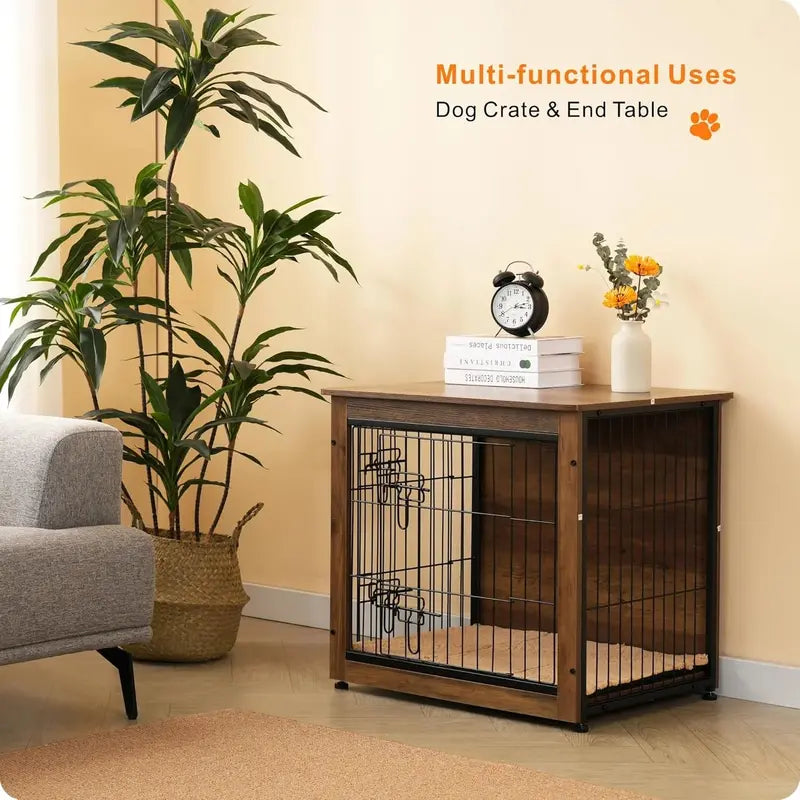 DWANTON Wooden Dog Crate Furniture With Cushion, Double Doors And Adjustable Feet