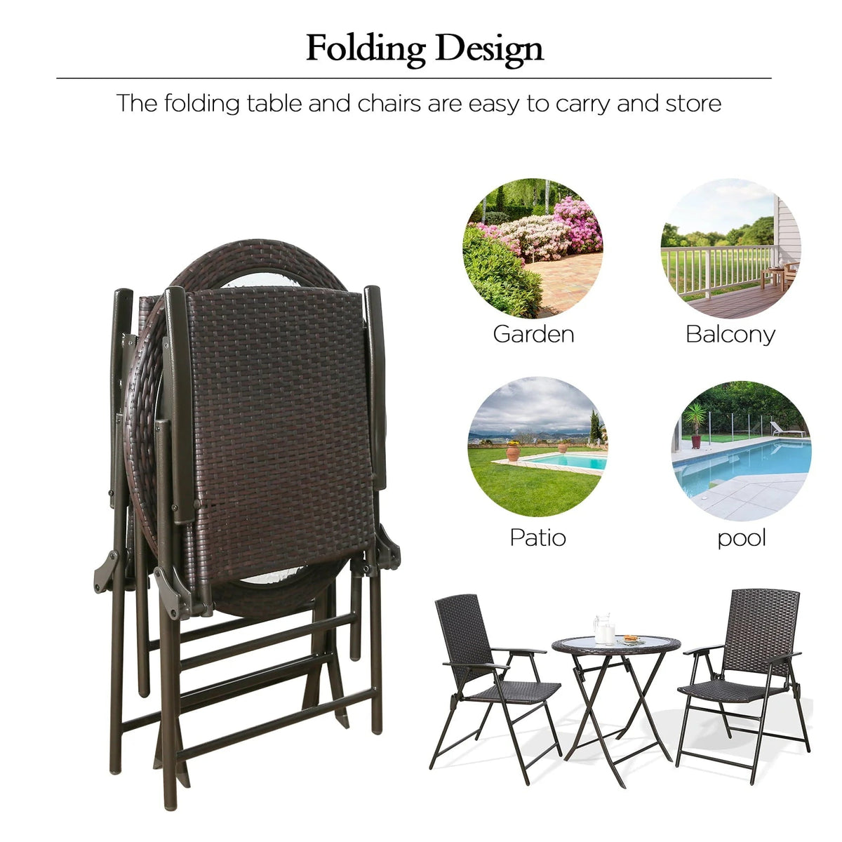 Ulax Furniture 3-Piece Wicker Folding Bistro Set With Balcony Table And Chairs