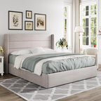 Queen Size Lift-Up Storage Bed With Wingback Headboard, Upholstered Platform Bed Frame With Hidden Storage