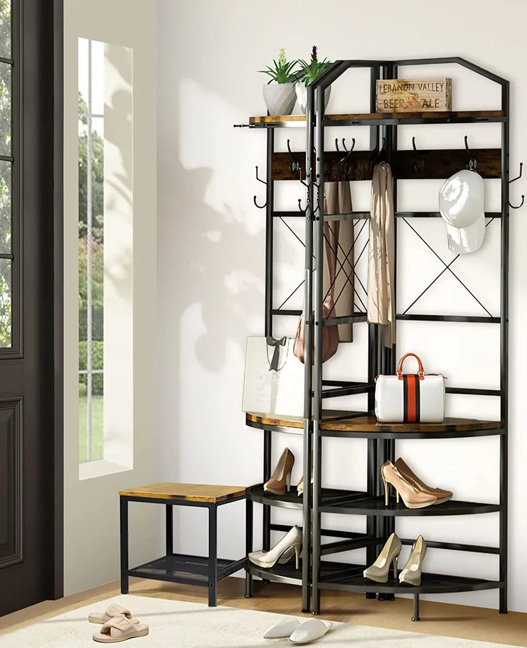 Corner Coat Rack Hall Tree With Shoe Bench, 6 Metal Hooks, Rustic Brown And Black, 17.72in x 17.72in x 72.05in