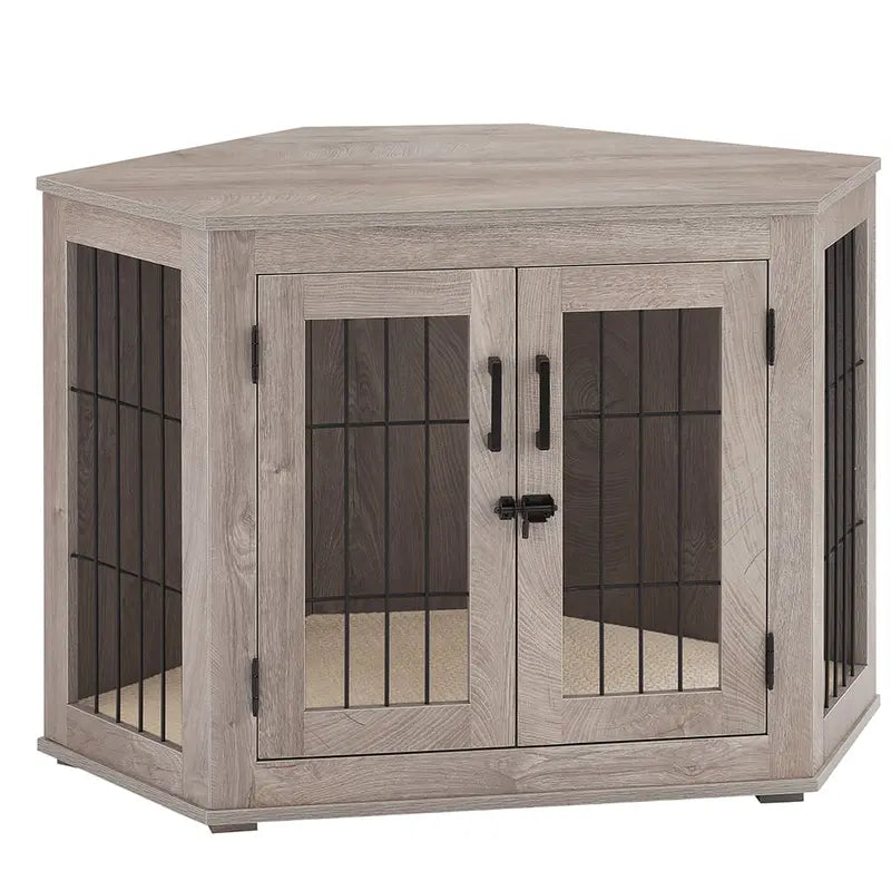 Unipaws Corner Wooden Dog Crate Furniture, Medium, Weathered Gray - Indoor Pet Kennel End Table With Cushion