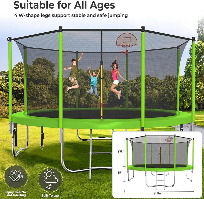 Trampoline With Enclosure Net And Adjustable Basketball Hoop - 8ft, 10ft, 12ft, 14ft, 15ft, 16ft