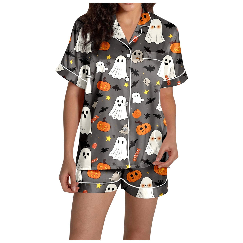 MEZZALL Women Halloween Printed Pajama With Lapel Collar Short Sleeve Tops And Shorts For Home Wear Cozy For Lightweight And Breathable Comfort Relaxed Fit 2 Piece Pjs