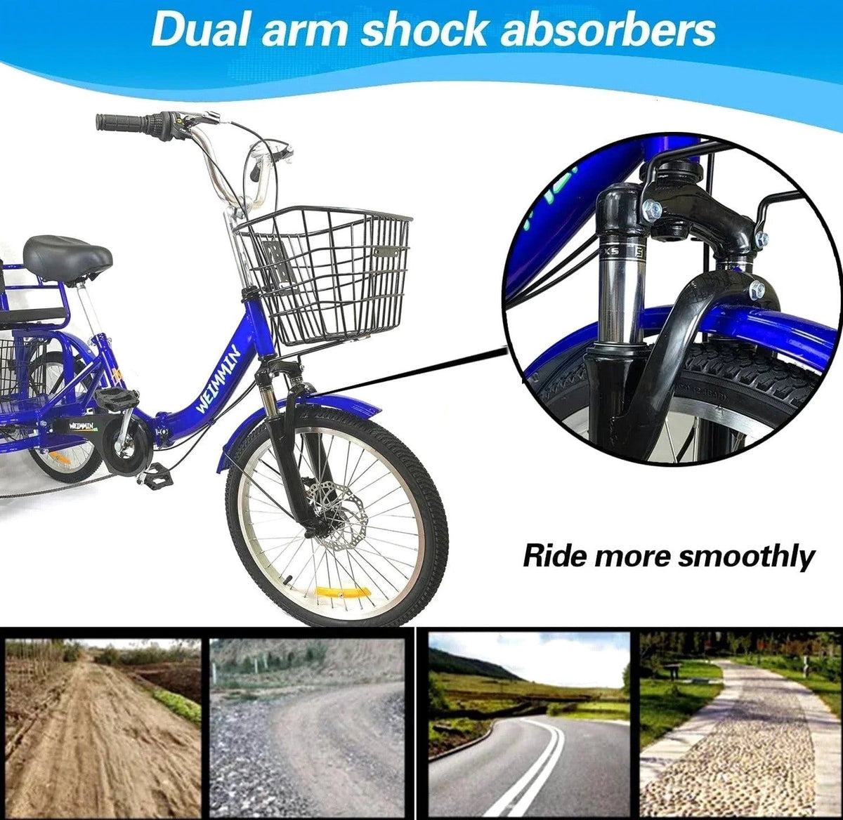 WEIMMIN Adult Folding Tricycle, 20 Inch, 3 Wheel, 7 Speed, Star Strip Blue