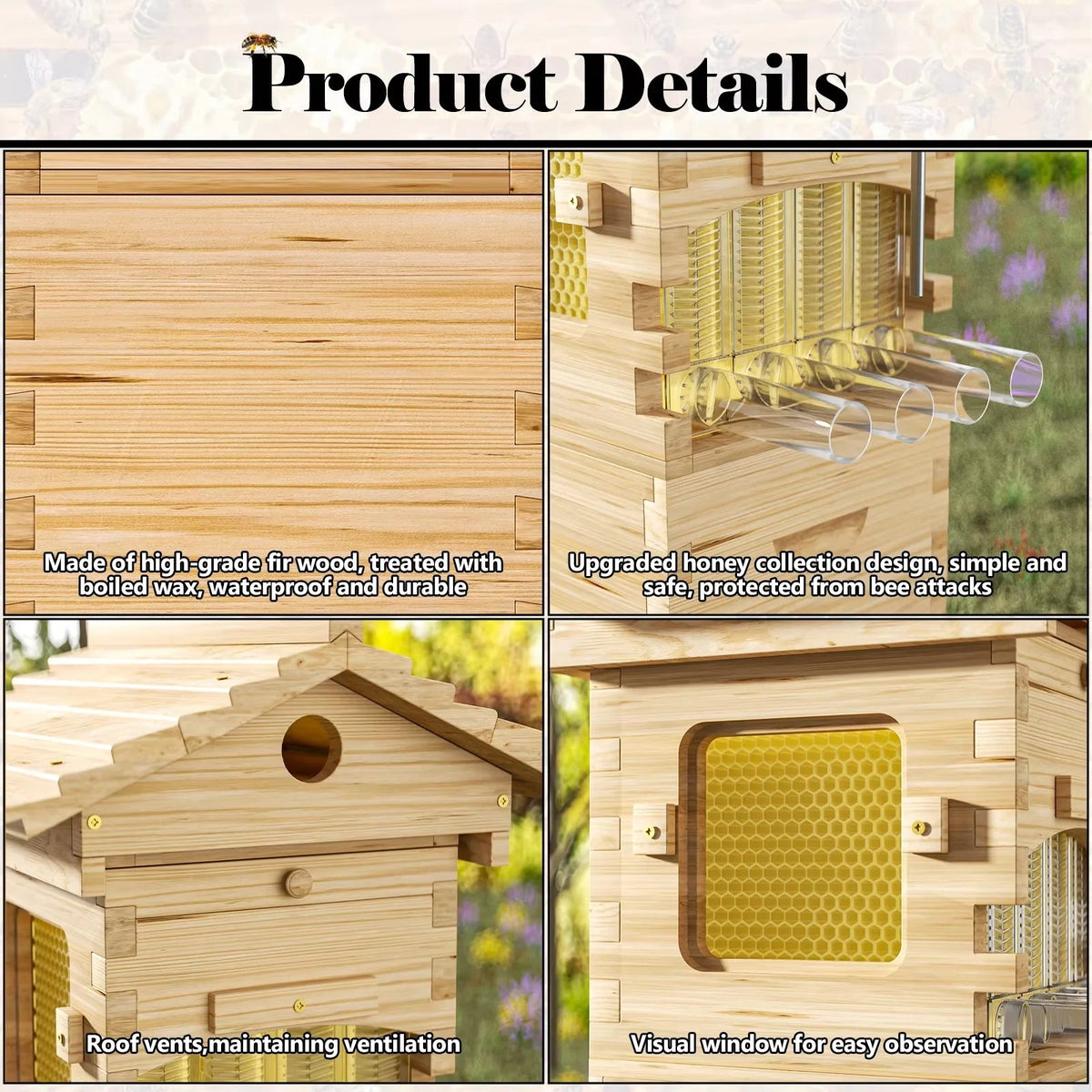 AUSHIVE Wax-Coated Cedarwood Beehive Kit With 4 Beehive Frames And 6 Brood Frames - Beige