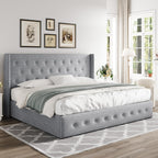 Queen Size Lift-Up Storage Bed With Wingback Headboard, Upholstered Platform Bed Frame With Hidden Storage