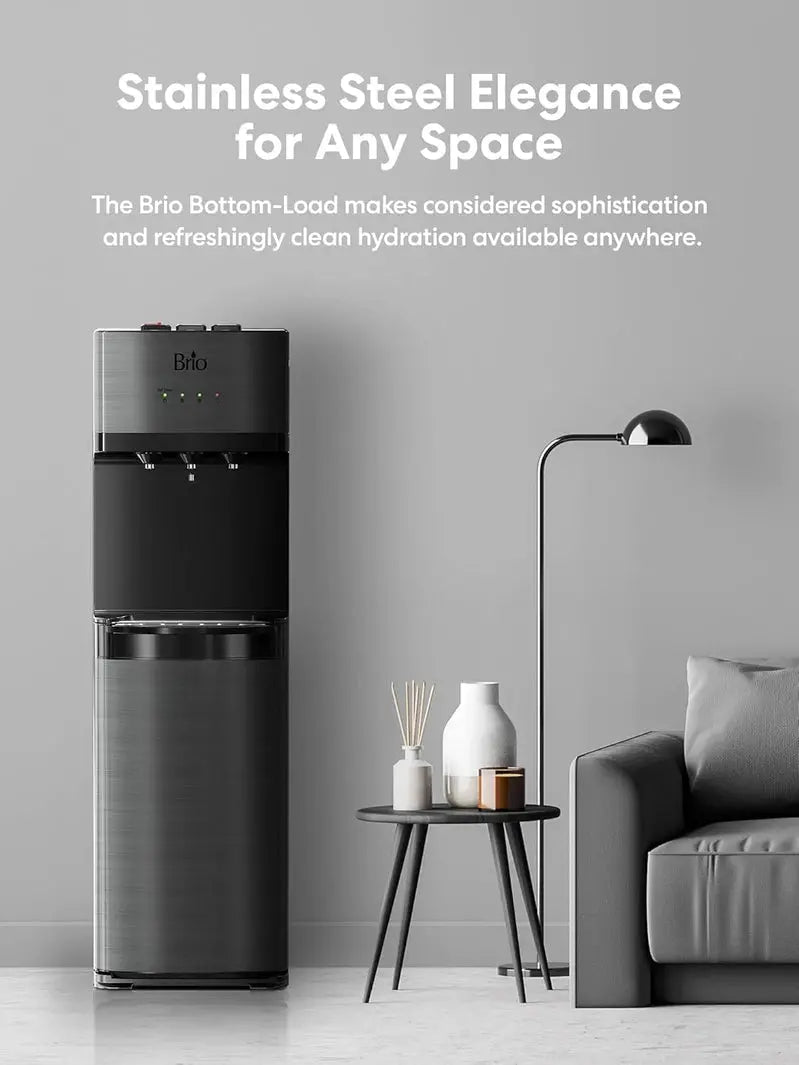 Self-Cleaning Bottom-Loading Water Cooler, Black Stainless Steel, 5 Gallons, 13.5in D x 12in W x 40.5in H