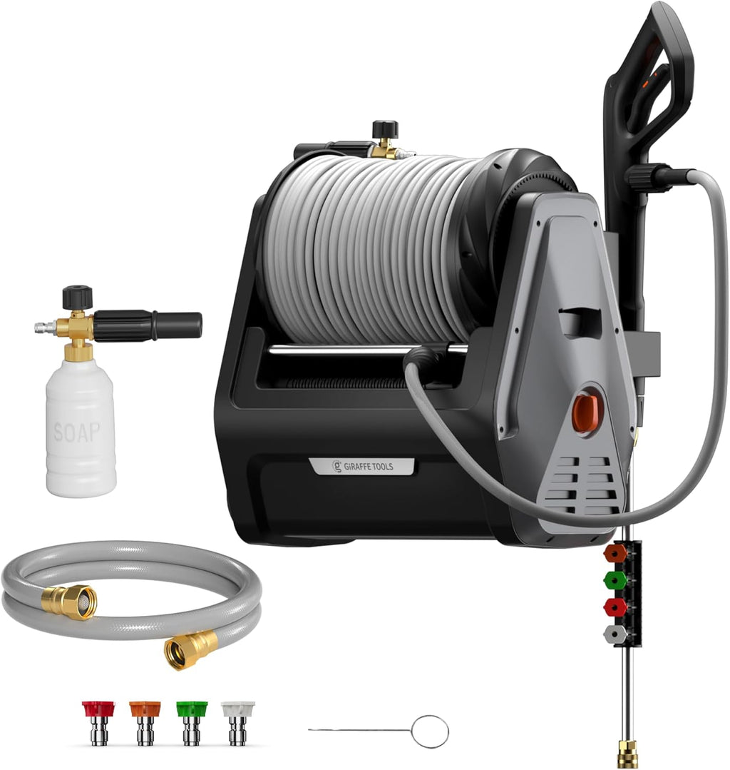Giraffe Tools Grandfalls Retractable Wall Mount Pressure Washer Plus, 100ft Hose, 2900PSI, 2.2 GPM, Dark Silver - Grandfalls