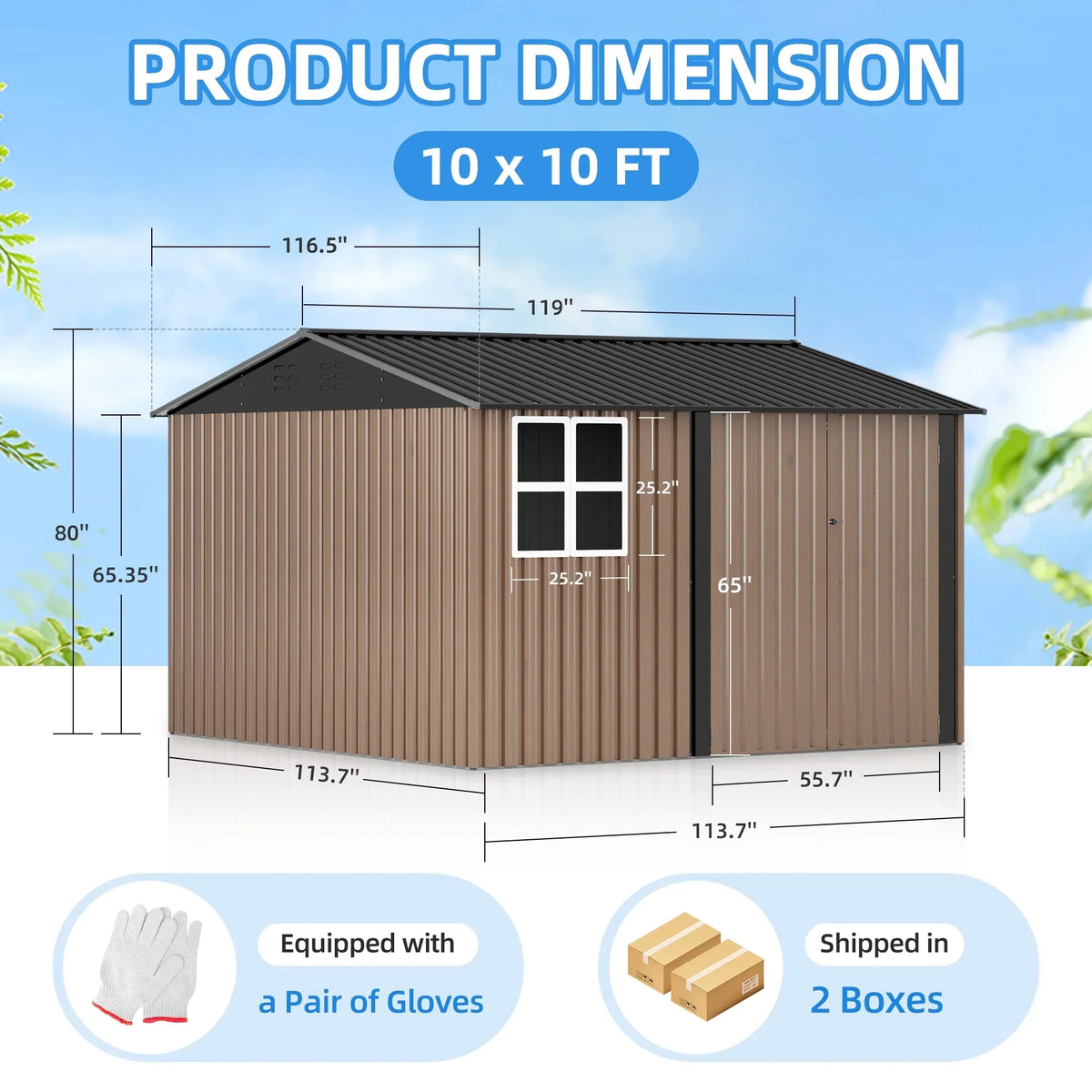 JAXPETY 10 x 10 ft Outdoor Metal Storage Shed With Window And Lockable Door - Brown