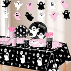 50/73/93Pcs Halloween Boo Party Tableware Supplies Decorations, Spooky Ghost Plates Napkins Boo Ghost Tableware Tablecloth Banner for Halloween Birthday Party Boo Baby Shower Party Supplies