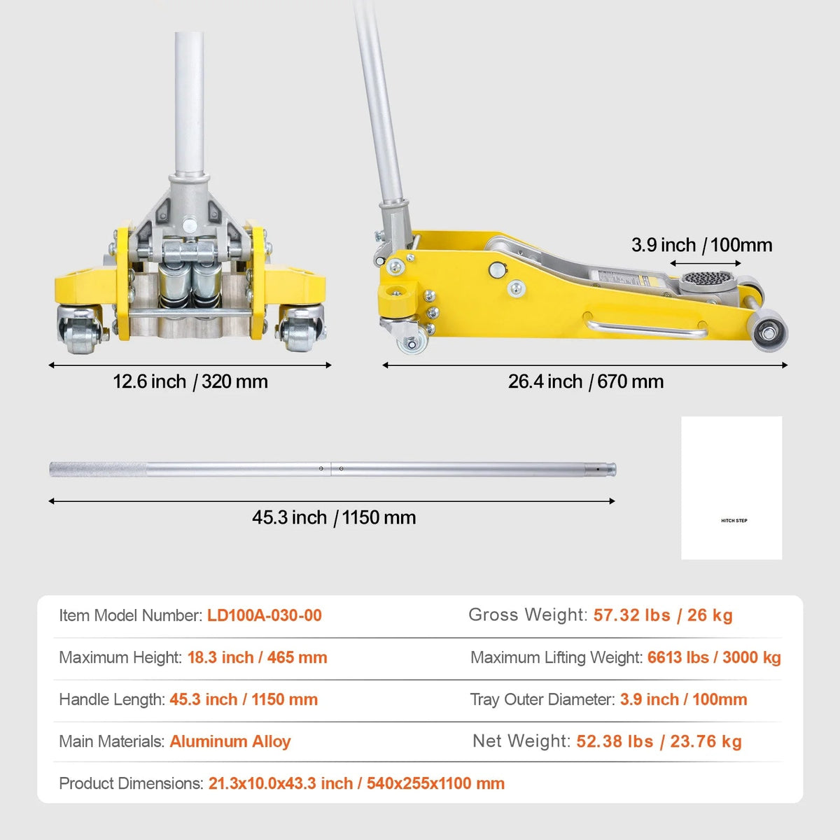 KFFKFF Low Profile Aluminum Floor Jack, 3 Ton Capacity, 3.7-18.3 Inch Lift Range, Dual Piston