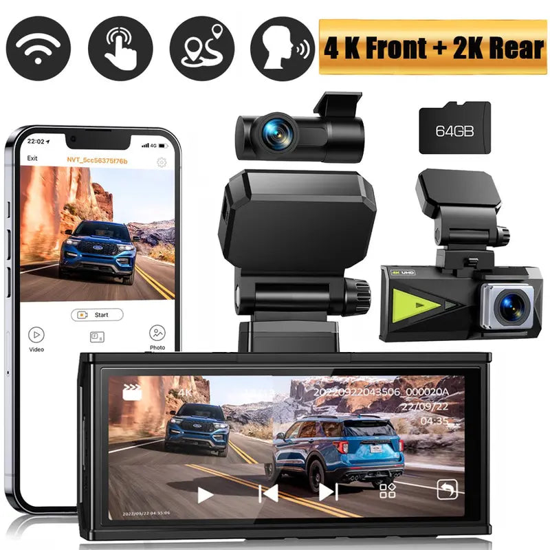 TOGUARD Front And Rear Dash Cam 4K+2K, 3.16-Inch Touch Screen, 64GB Memory Card - DC15