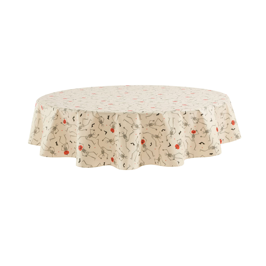 Way To Celebrate Halloween PEVA Tablecloth, For Table 70" Round - Skeleton Pumpkin Head Toss