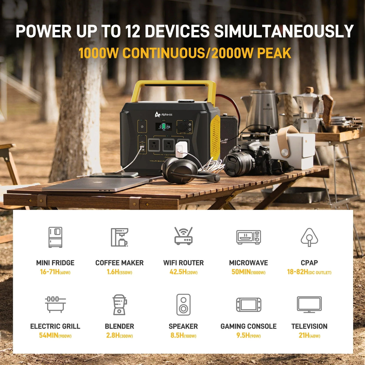 AlphaESS Portable Power Station 1036Wh, 1000W AC Output, 2000W Peak - AP1000