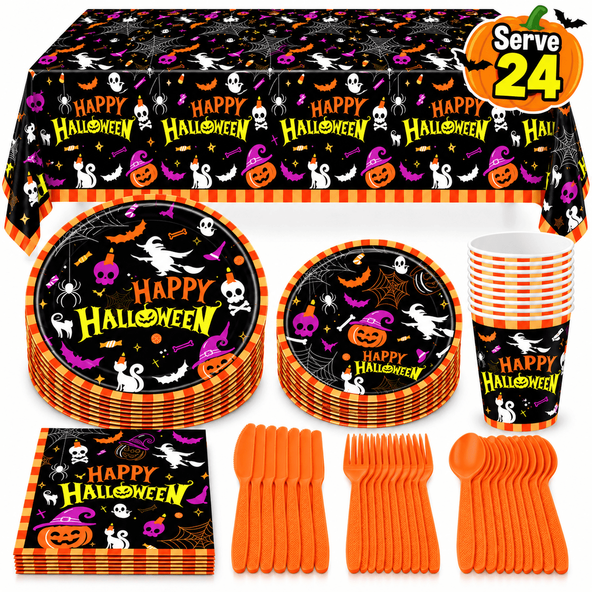 Halloween Paper Plates for Halloween Party Decoration Disposable Cups Napkins Table Cover for Halloween Banner Birthday Party Supplies Serve 20 Design 3