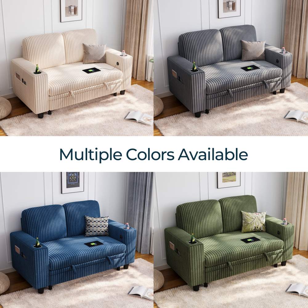 LINSY HOME Pull-Out Chaise Loveseat Sofa, 56 inch, Dark Green - USB and Cup Holders