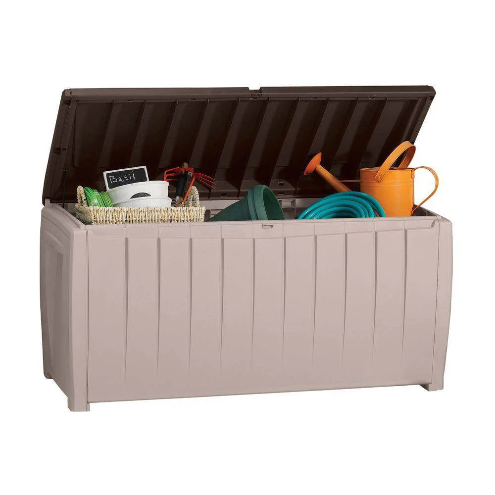 Keter Outdoor Patio Storage Deck Box And Bench, 90 Gallon, Weather Resistant Rattan Resin - Novel