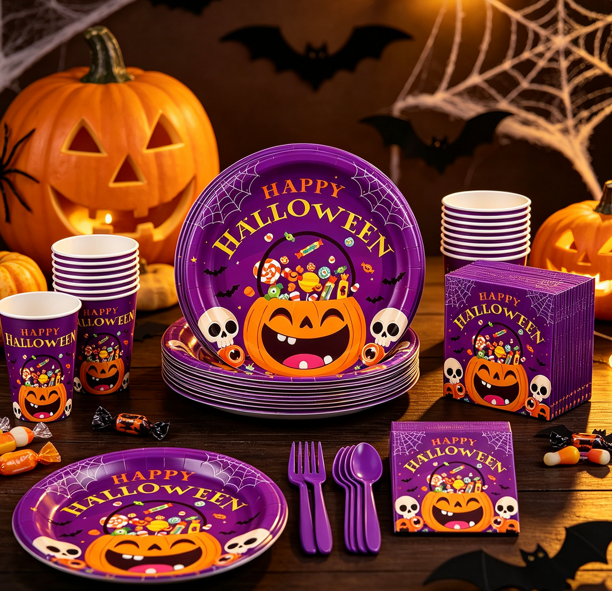 Halloween Paper Plates for Halloween Party Decoration Disposable Cups Napkins Table Cover for Halloween Banner Birthday Party Supplies Serve 20 Design 3