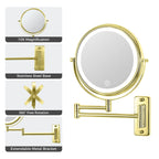 8 Inch Round Wall-Mounted Makeup Mirror, Rechargeable, 1X/10X Magnification, 3-Color LED Lights