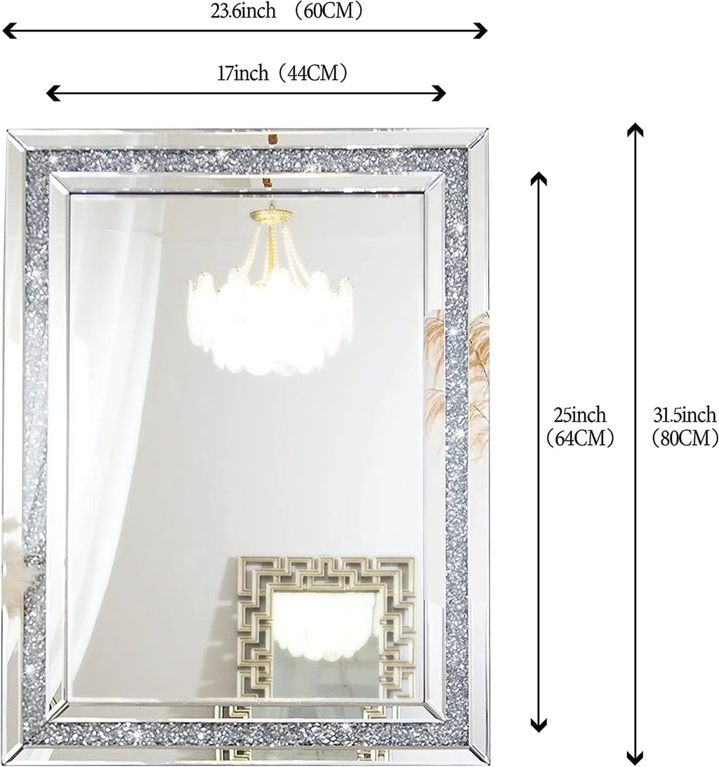 SHYFOY Rectangle Decorative Wall Mirror With Crushed Diamond, Silver