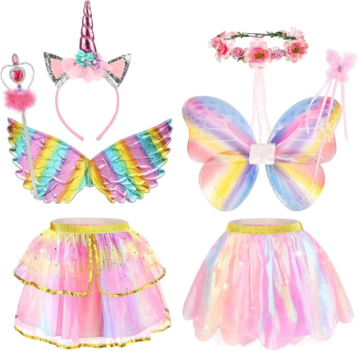 Unicorn Costume for Girls, Tutu Skirt Wings Unicorn Headband Princess Outfit for Birthday Halloween Christmas Cosplay Dress Up