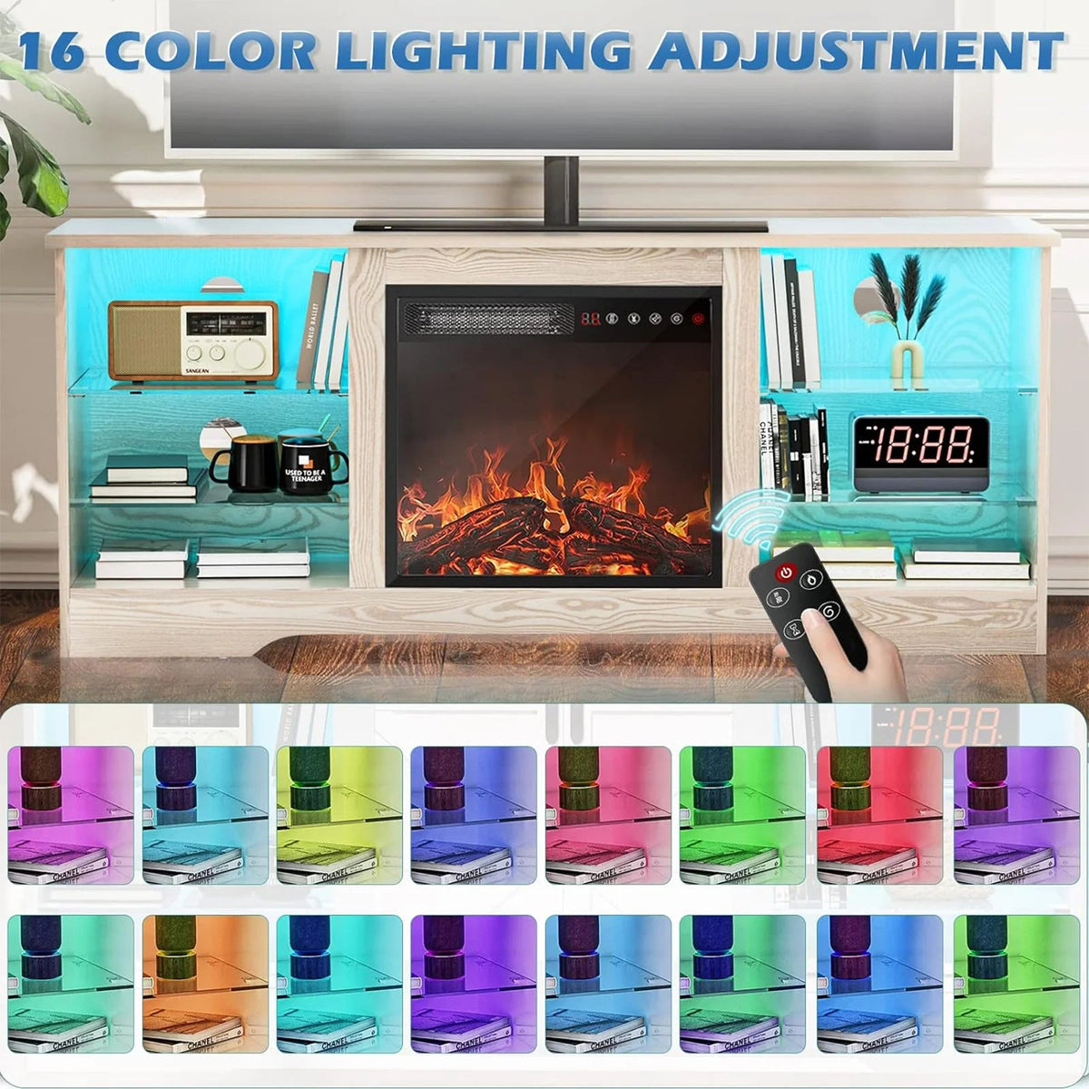 Waleaf TV Stand With 18 in Electric Fireplace And Adjustable Glass Shelves - TVs Up To 65 inch